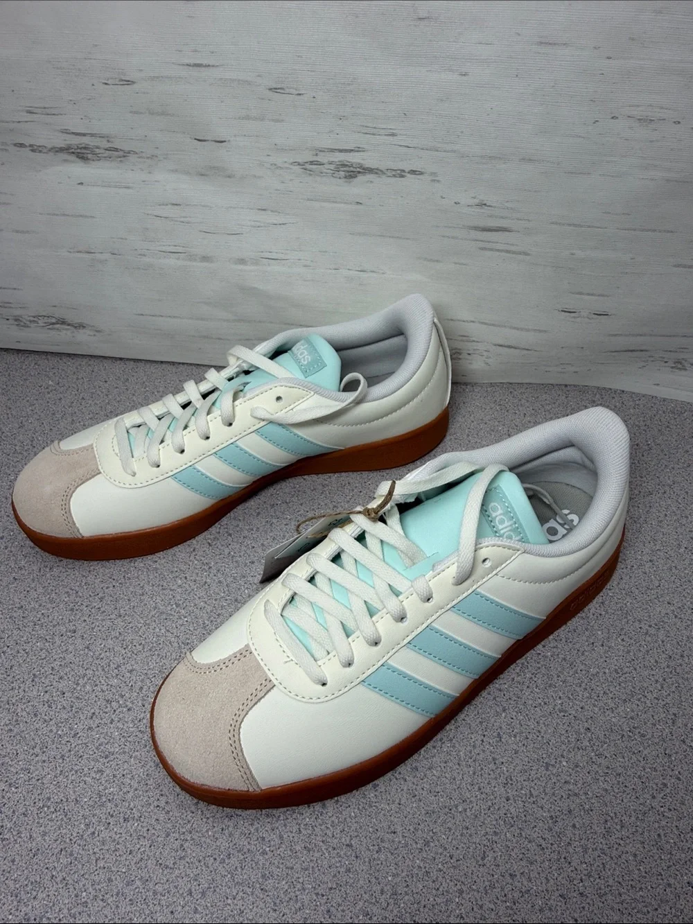 adidas Men’s Leather Sneakers in White & Light Blue with Gum Sole